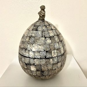 Vintage Robb & Stucky Lg Carved Wooden Egg Box with Brass Monkey